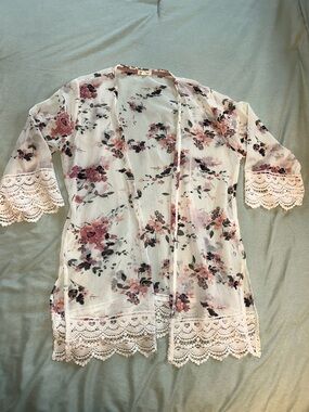 Floral Lace Trim Sheer Kimono Cardigan - Pink & Black Floral